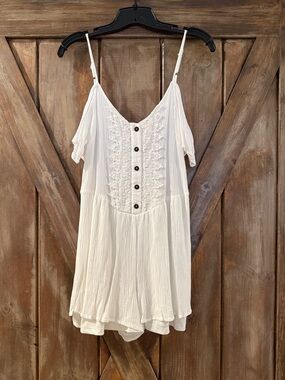 White Cold-Shoulder Button Front Tunic Dress